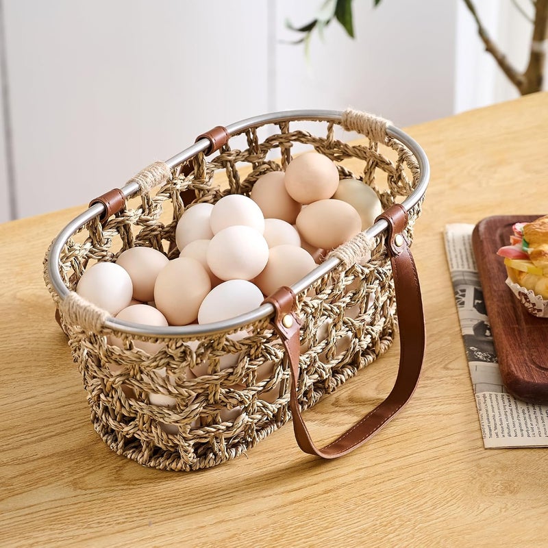 LGENHOOM Farmhouse Seagrass Egg Baskets for Collecting Fresh Eggs Handmade Egg Collecting Basket Wicker Oval Storage Basket for Picnic, Harvest, Vegetable - Image 2